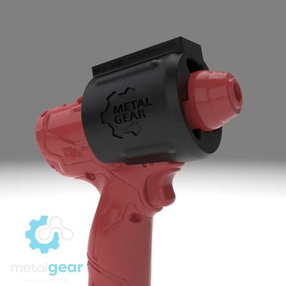 3D render of the MGS-081B Holster by Metalgear Engineering, securely mounted on a Milwaukee cordless power tool. This rugged, 3D-printed holster features the Metalgear logo and is built for dependable tool storage in workshops and industrial environments.