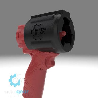 3D render of the MGS-081J Holster by Metalgear Engineering, securely mounted on a Milwaukee cordless power tool. This rugged, 3D-printed holster features the Metalgear logo and is built for dependable tool storage in workshops and industrial environments.
