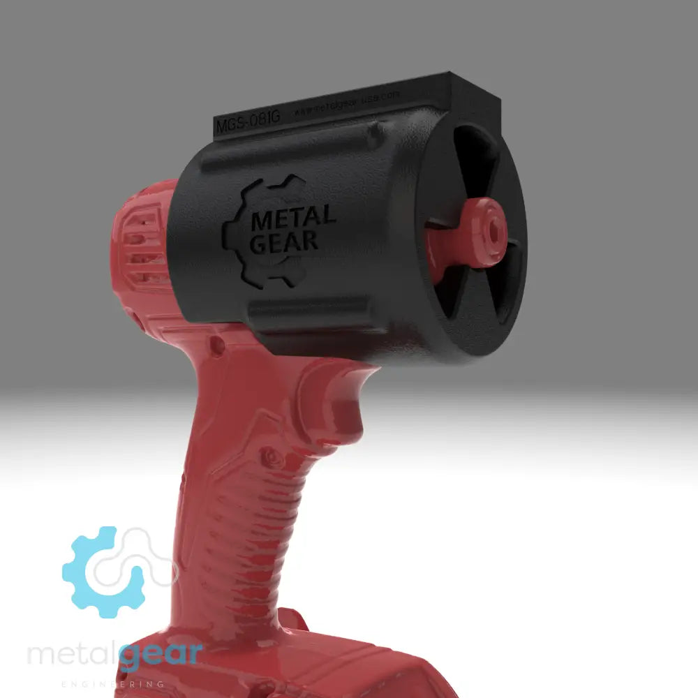 3D render of the MGS-081G Holster by Metalgear Engineering, securely mounted on a Milwaukee cordless power tool. This rugged, 3D-printed holster features the Metalgear logo and is built for dependable tool storage in workshops and industrial environments.