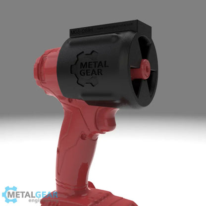 3D render of the MGS-081H Holster by Metalgear Engineering, securely mounted on a Milwaukee cordless power tool. This rugged, 3D-printed holster features the Metalgear logo and is built for dependable tool storage in workshops and industrial environments.