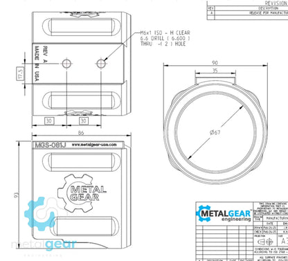 Technical drawing of the MGS-081J Milwaukee Tool Holster by Metalgear Engineering, detailing dimensions, mounting hole specifications, and design features for 3D-printed manufacturing in PLA or PA6-CF.