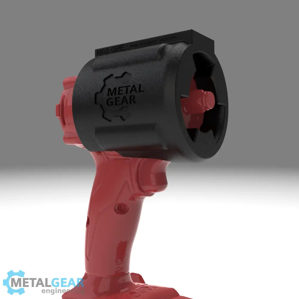 3D render of the MGS-081E Holster by Metalgear Engineering, securely mounted on a Milwaukee cordless power tool. This rugged, 3D-printed holster features the Metalgear logo and is built for dependable tool storage in workshops and industrial environments.