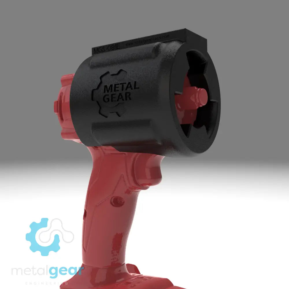 3D render of the MGS-081E Holster by Metalgear Engineering, securely mounted on a Milwaukee cordless power tool. This rugged, 3D-printed holster features the Metalgear logo and is built for dependable tool storage in workshops and industrial environments.
