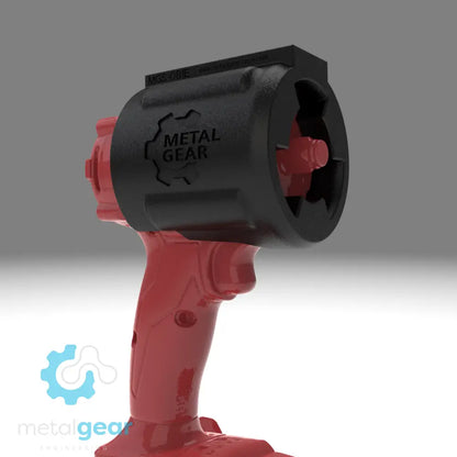 3D render of the MGS-081E Holster by Metalgear Engineering, securely mounted on a Milwaukee cordless power tool. This rugged, 3D-printed holster features the Metalgear logo and is built for dependable tool storage in workshops and industrial environments.