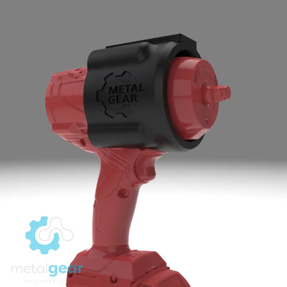 3D render of the MGS-081I Holster by Metalgear Engineering, securely mounted on a Milwaukee cordless power tool. This rugged, 3D-printed holster features the Metalgear logo and is built for dependable tool storage in workshops and industrial environments.