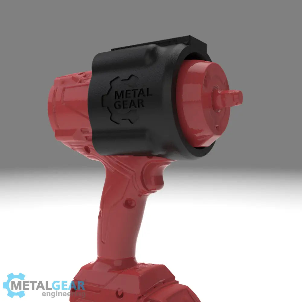 3D render of the MGS-081I Holster by Metalgear Engineering, securely mounted on a Milwaukee cordless power tool. This rugged, 3D-printed holster features the Metalgear logo and is built for dependable tool storage in workshops and industrial environments.