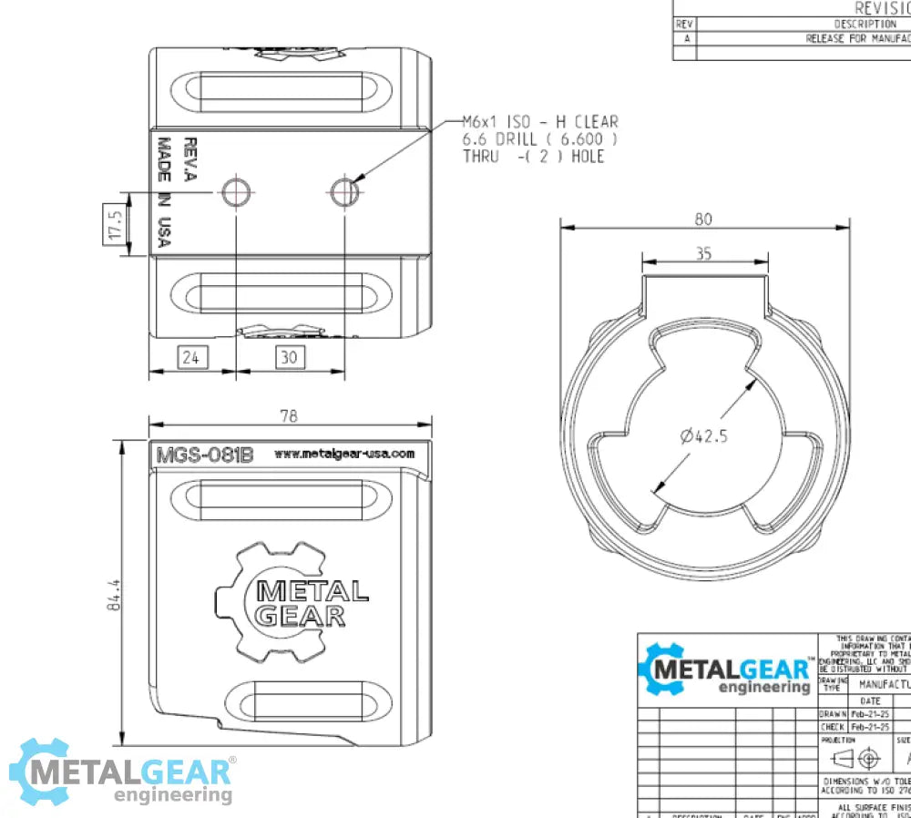 Technical drawing of the MGS-081B Milwaukee Tool Holster by Metalgear Engineering, detailing dimensions, mounting hole specifications, and design features for 3D-printed manufacturing in PLA or PA6-CF.