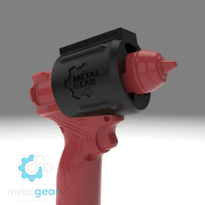 3D render of the MGS-081C Holster by Metalgear Engineering, securely mounted on a Milwaukee cordless power tool. This rugged, 3D-printed holster features the Metalgear logo and is built for dependable tool storage in workshops and industrial environments.