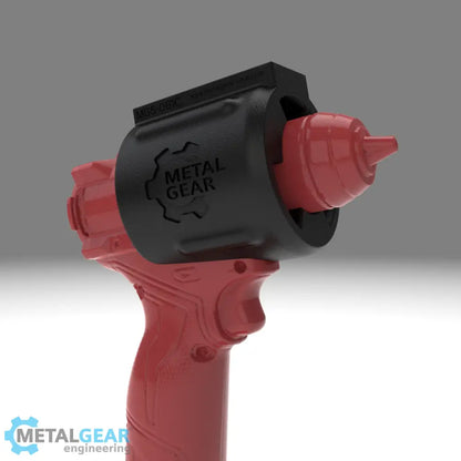 3D render of the MGS-081C Holster by Metalgear Engineering, securely mounted on a Milwaukee cordless power tool. This rugged, 3D-printed holster features the Metalgear logo and is built for dependable tool storage in workshops and industrial environments.