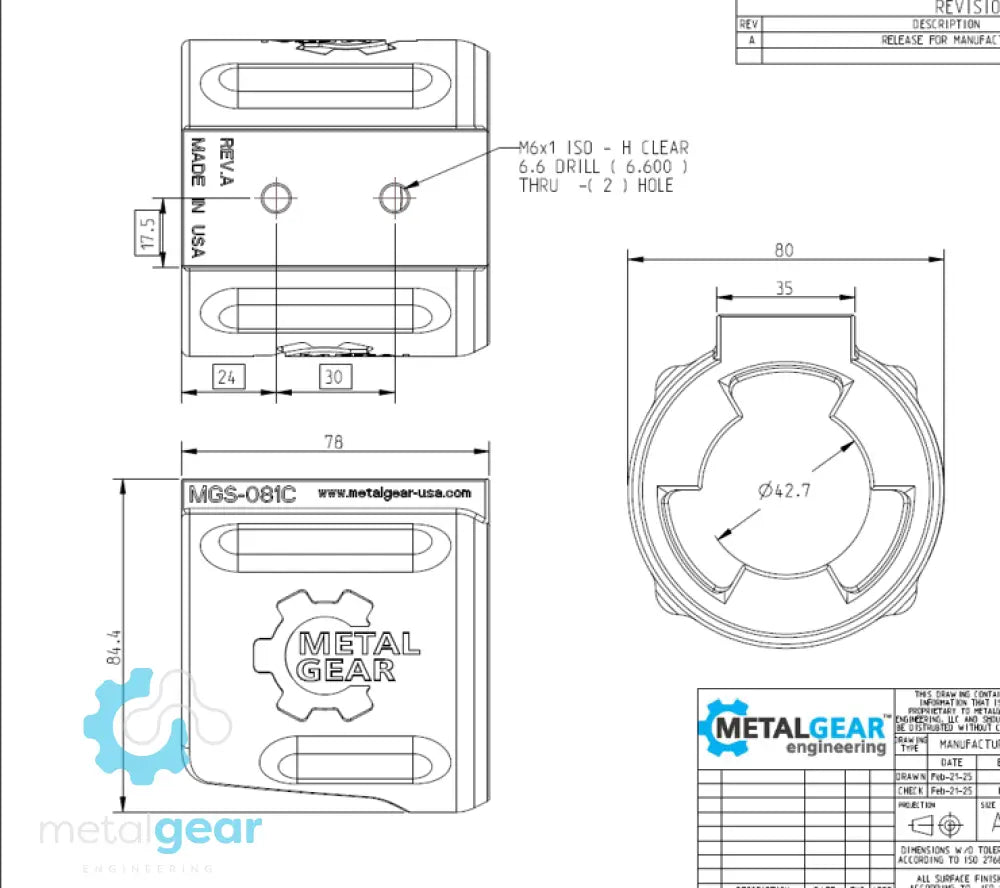 Technical drawing of the MGS-081C Milwaukee Tool Holster by Metalgear Engineering, detailing dimensions, mounting hole specifications, and design features for 3D-printed manufacturing in PLA or PA6-CF.