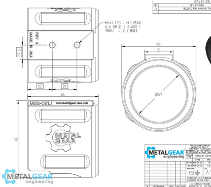 Technical drawing of the MGS-081J Milwaukee Tool Holster by Metalgear Engineering, detailing dimensions, mounting hole specifications, and design features for 3D-printed manufacturing in PLA or PA6-CF.
