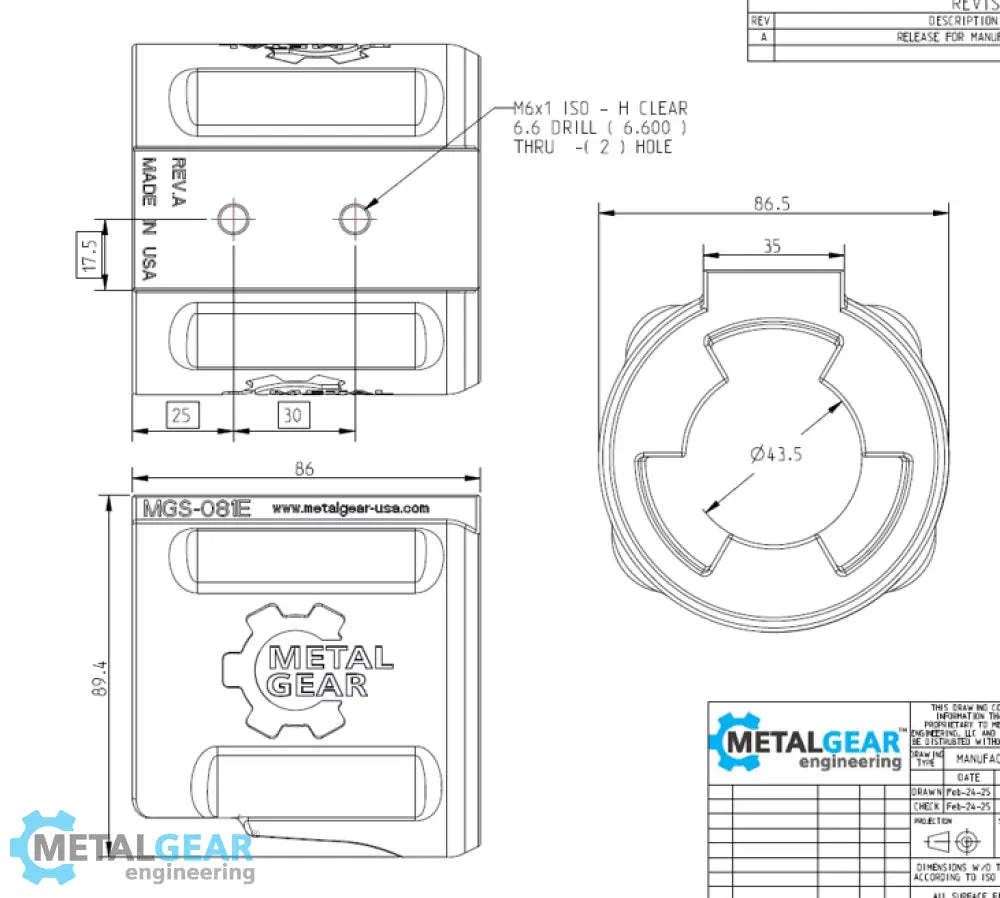 Technical drawing of the MGS-081E Milwaukee Tool Holster by Metalgear Engineering, detailing dimensions, mounting hole specifications, and design features for 3D-printed manufacturing in PLA or PA6-CF.