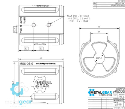 Technical drawing of the MGS-081G Milwaukee Tool Holster by Metalgear Engineering, detailing dimensions, mounting hole specifications, and design features for 3D-printed manufacturing in PLA or PA6-CF.