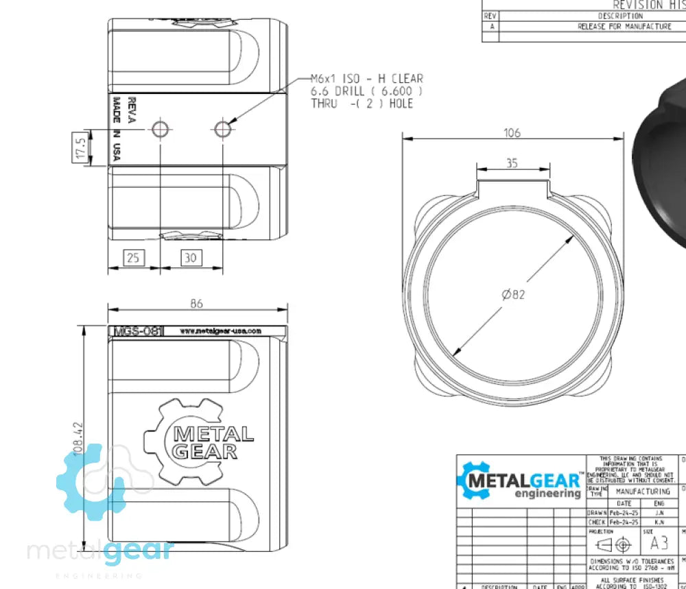 Technical drawing of the MGS-081I Milwaukee Tool Holster by Metalgear Engineering, detailing dimensions, mounting hole specifications, and design features for 3D-printed manufacturing in PLA or PA6-CF.