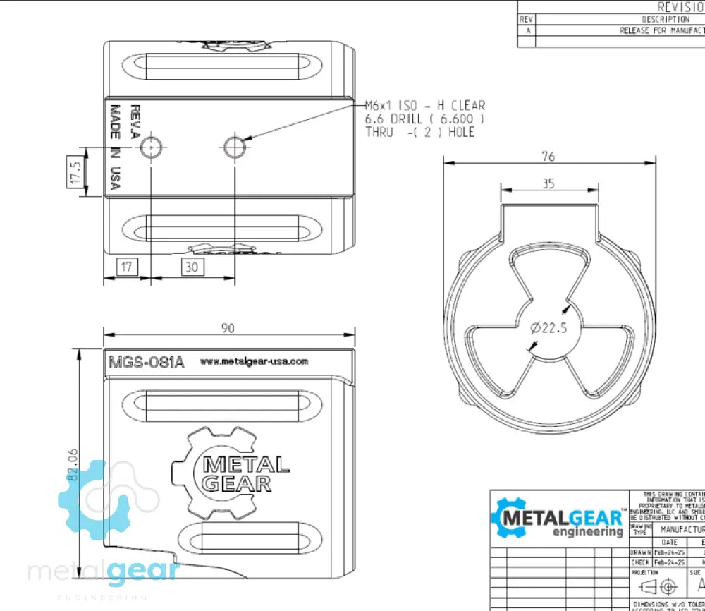 Technical drawing of the MGS-081A Milwaukee Tool Holster by Metalgear Engineering, detailing dimensions, mounting hole specifications, and design features for 3D-printed manufacturing in PLA or PA6-CF.