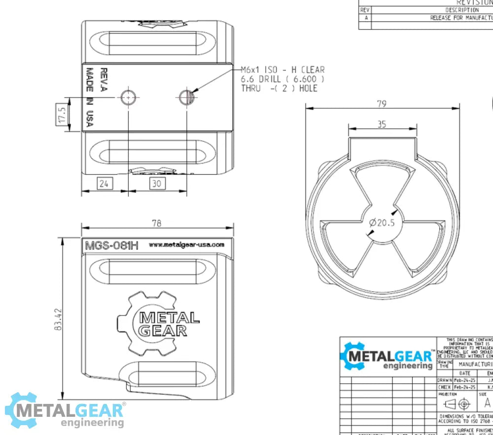 Technical drawing of the MGS-081H Milwaukee Tool Holster by Metalgear Engineering, detailing dimensions, mounting hole specifications, and design features for 3D-printed manufacturing in PLA or PA6-CF.