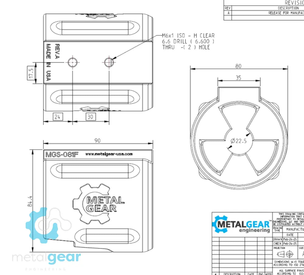 Technical drawing of the MGS-081F Milwaukee Tool Holster by Metalgear Engineering, detailing dimensions, mounting hole specifications, and design features for 3D-printed manufacturing in PLA or PA6-CF.