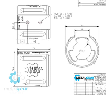 Technical drawing of the MGS-081B Milwaukee Tool Holster by Metalgear Engineering, detailing dimensions, mounting hole specifications, and design features for 3D-printed manufacturing in PLA or PA6-CF.