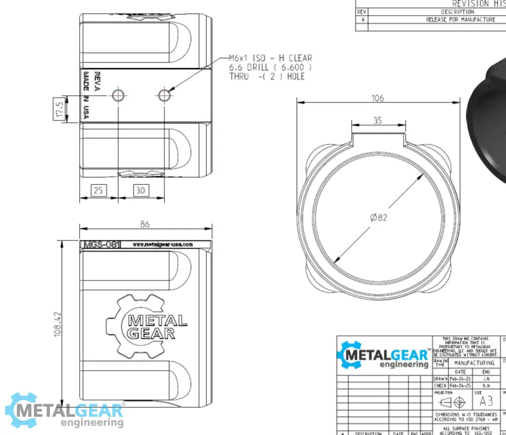 Technical drawing of the MGS-081I Milwaukee Tool Holster by Metalgear Engineering, detailing dimensions, mounting hole specifications, and design features for 3D-printed manufacturing in PLA or PA6-CF.