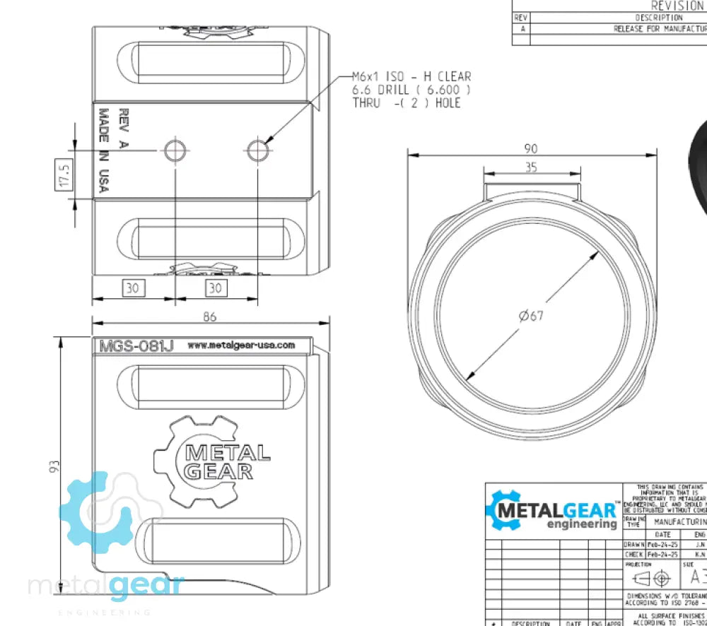 Technical drawing of the MGS-081J Milwaukee Tool Holster by Metalgear Engineering, detailing dimensions, mounting hole specifications, and design features for 3D-printed manufacturing in PLA or PA6-CF.
