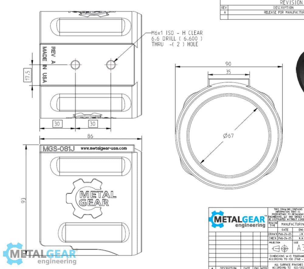 Technical drawing of the MGS-081J Milwaukee Tool Holster by Metalgear Engineering, detailing dimensions, mounting hole specifications, and design features for 3D-printed manufacturing in PLA or PA6-CF.