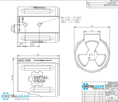 Technical drawing of the MGS-081A Milwaukee Tool Holster by Metalgear Engineering, detailing dimensions, mounting hole specifications, and design features for 3D-printed manufacturing in PLA or PA6-CF.