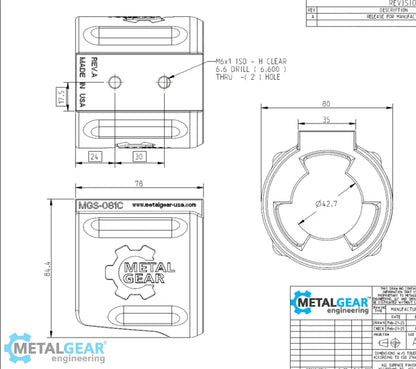 Technical drawing of the MGS-081C Milwaukee Tool Holster by Metalgear Engineering, detailing dimensions, mounting hole specifications, and design features for 3D-printed manufacturing in PLA or PA6-CF.