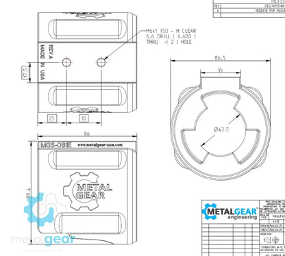 Technical drawing of the MGS-081E Milwaukee Tool Holster by Metalgear Engineering, detailing dimensions, mounting hole specifications, and design features for 3D-printed manufacturing in PLA or PA6-CF.