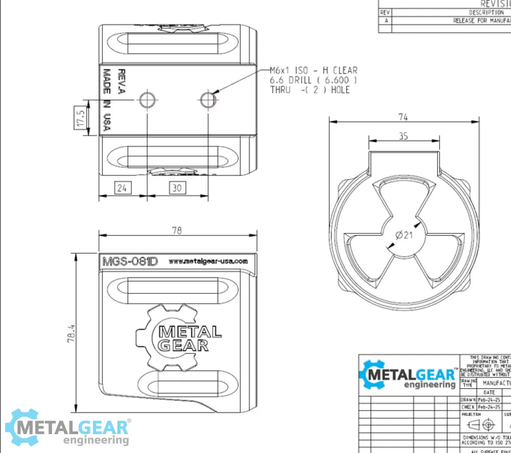 Technical drawing of the MGS-081D Milwaukee Tool Holster by Metalgear Engineering, detailing dimensions, mounting hole specifications, and design features for 3D-printed manufacturing in PLA or PA6-CF.