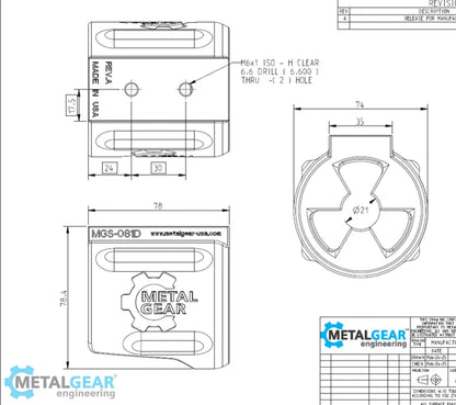 Technical drawing of the MGS-081D Milwaukee Tool Holster by Metalgear Engineering, detailing dimensions, mounting hole specifications, and design features for 3D-printed manufacturing in PLA or PA6-CF.