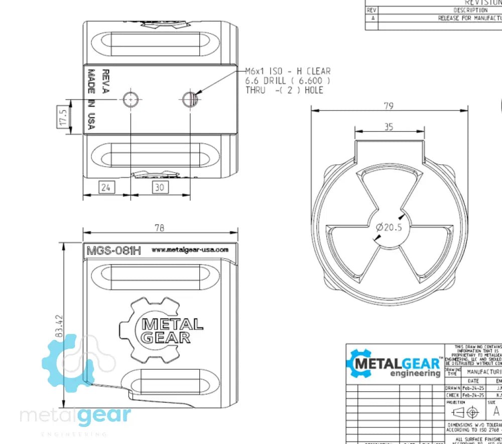 Technical drawing of the MGS-081H Milwaukee Tool Holster by Metalgear Engineering, detailing dimensions, mounting hole specifications, and design features for 3D-printed manufacturing in PLA or PA6-CF.