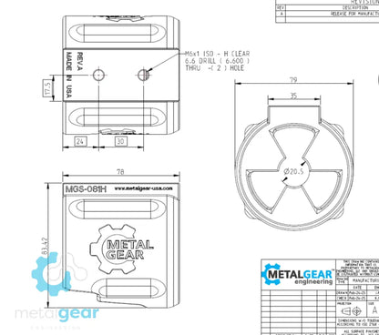 Technical drawing of the MGS-081H Milwaukee Tool Holster by Metalgear Engineering, detailing dimensions, mounting hole specifications, and design features for 3D-printed manufacturing in PLA or PA6-CF.