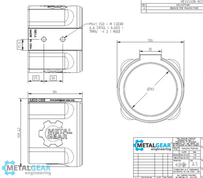 Technical drawing of the MGS-081I Milwaukee Tool Holster by Metalgear Engineering, detailing dimensions, mounting hole specifications, and design features for 3D-printed manufacturing in PLA or PA6-CF.