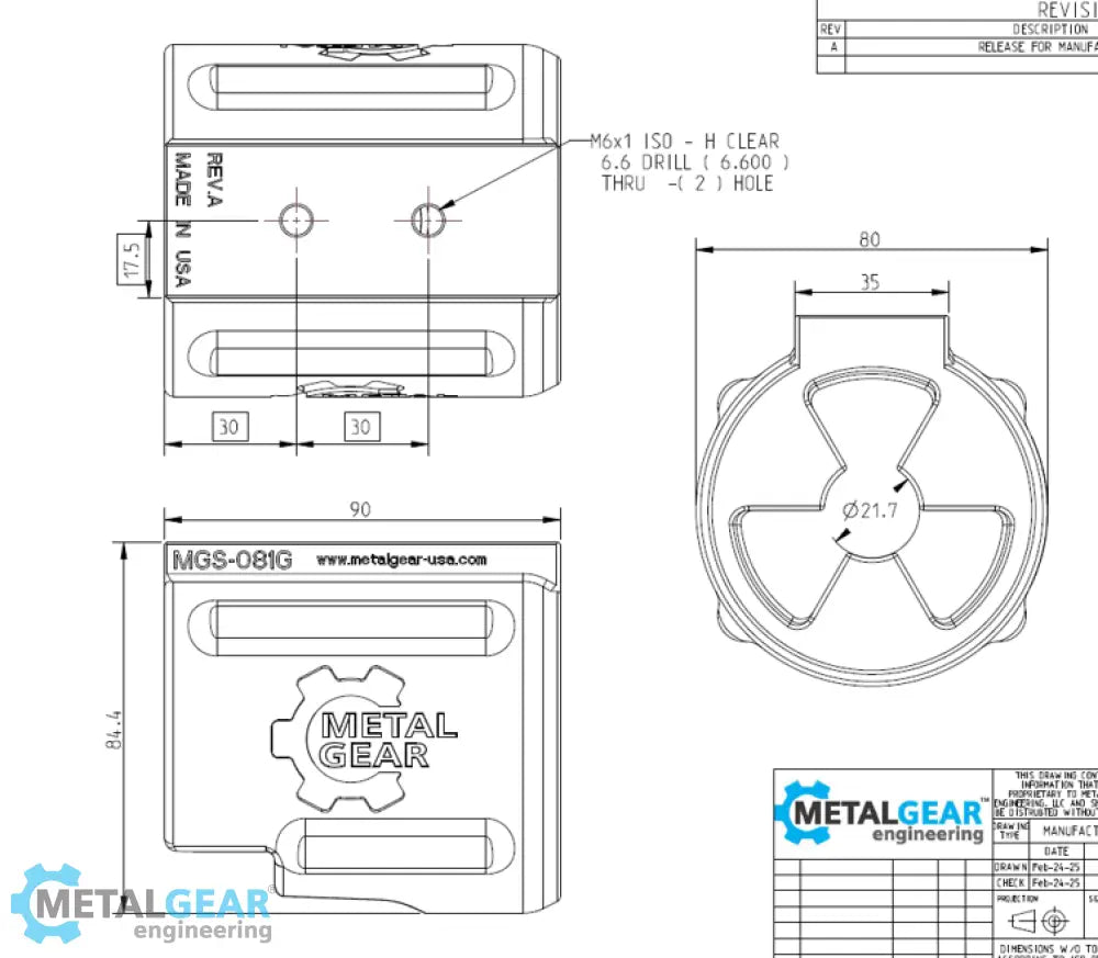 Technical drawing of the MGS-081G Milwaukee Tool Holster by Metalgear Engineering, detailing dimensions, mounting hole specifications, and design features for 3D-printed manufacturing in PLA or PA6-CF.