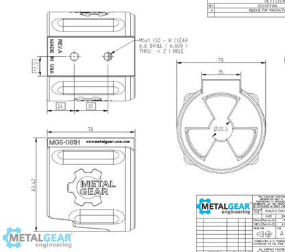 Technical drawing of the MGS-081H Milwaukee Tool Holster by Metalgear Engineering, detailing dimensions, mounting hole specifications, and design features for 3D-printed manufacturing in PLA or PA6-CF.