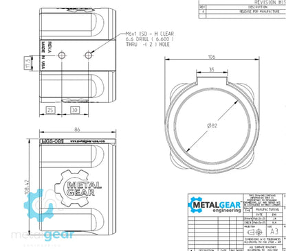 Technical drawing of the MGS-081I Milwaukee Tool Holster by Metalgear Engineering, detailing dimensions, mounting hole specifications, and design features for 3D-printed manufacturing in PLA or PA6-CF.