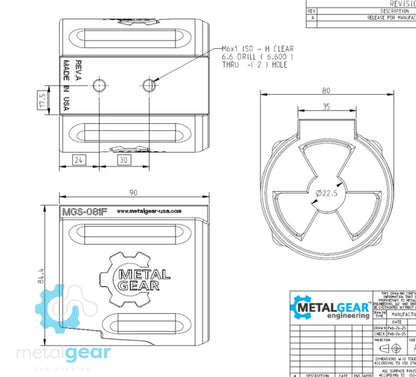 Technical drawing of the MGS-081F Milwaukee Tool Holster by Metalgear Engineering, detailing dimensions, mounting hole specifications, and design features for 3D-printed manufacturing in PLA or PA6-CF.