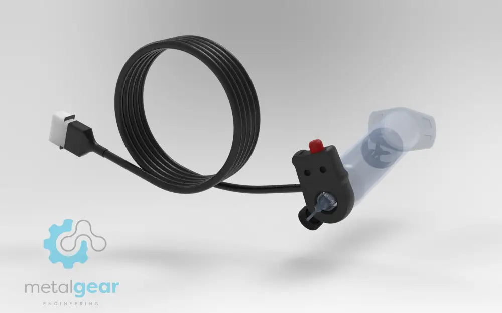 Metalgear Engineering TAD-019A Universal Finger Switch, a 3D-printed PLA Carbon Fiber control device with coiled wire and ergonomic fingertip actuator, designed for precise fluid dispensing in industrial applications. For Performus X100 & Performus X15