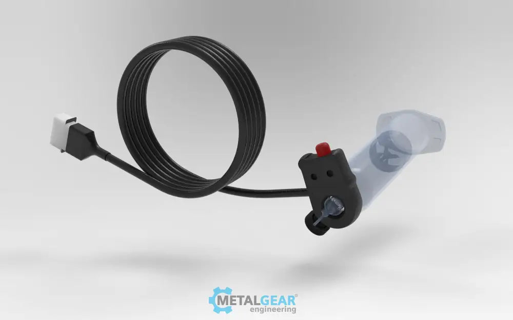 Metalgear Engineering TAD-019A Universal Finger Switch, a 3D-printed PLA Carbon Fiber control device with coiled wire and ergonomic fingertip actuator, designed for precise fluid dispensing in industrial applications. For Performus X100 & Performus X15