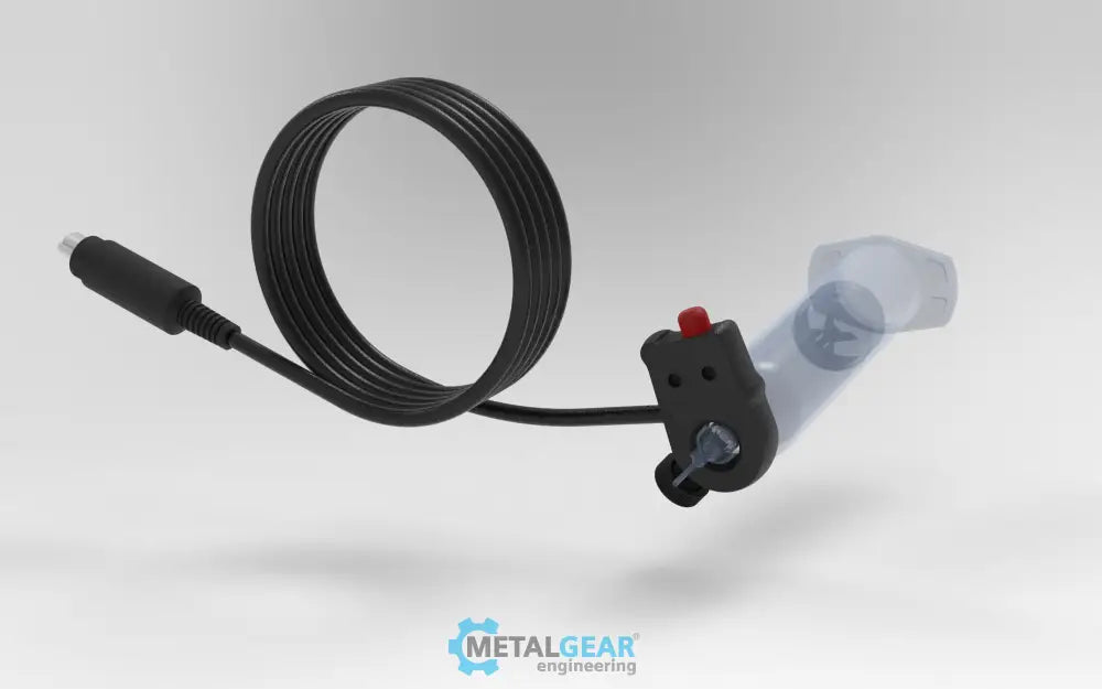 Metalgear Engineering TAD-019B Universal Finger Switch, a 3D-printed PLA Carbon Fiber control device with coiled wire and ergonomic fingertip actuator, designed for precise fluid dispensing in industrial applications.  For Ultimus I–II High Precision Fluid Dispensers