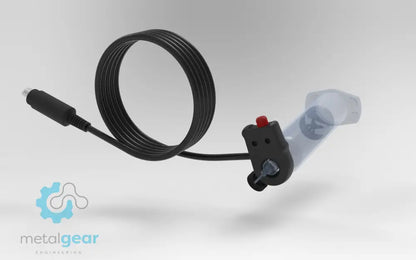 Metalgear Engineering TAD-019B Universal Finger Switch, a 3D-printed PLA Carbon Fiber control device with coiled wire and ergonomic fingertip actuator, designed for precise fluid dispensing in industrial applications.  For Ultimus I–II High Precision Fluid Dispensers