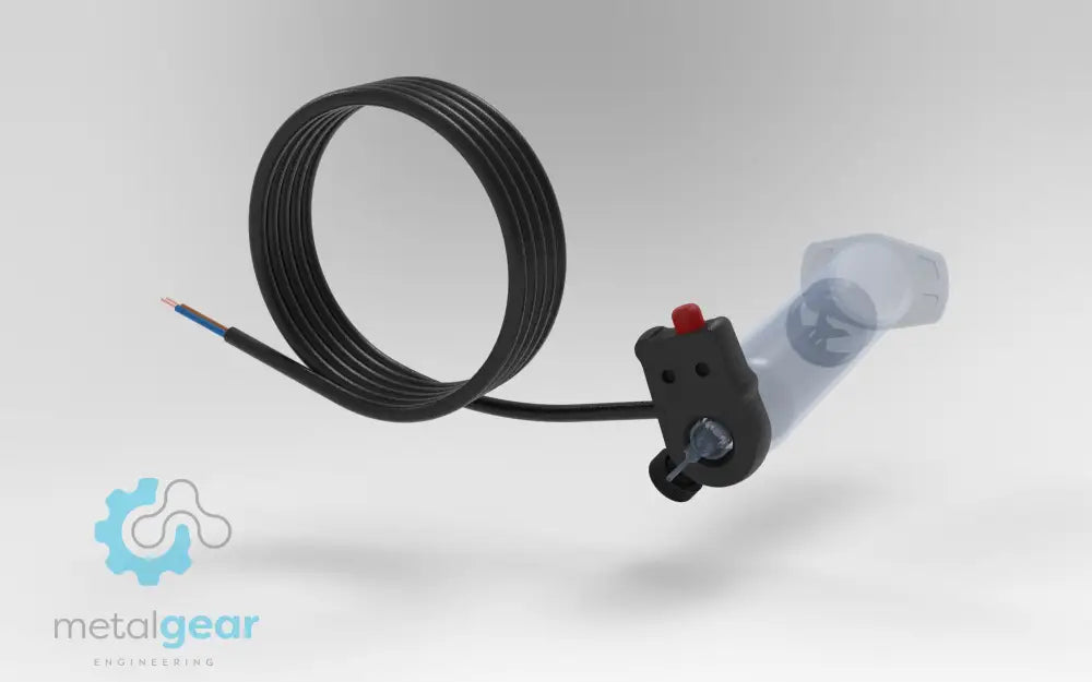 Metalgear Engineering TAD-019C Universal Finger Switch, a 3D-printed PLA Carbon Fiber control device with coiled wire and ergonomic fingertip actuator, designed for precise fluid dispensing in industrial applications. Custom version