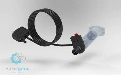 Metalgear Engineering TAD-019D Universal Finger Switch, a 3D-printed PLA Carbon Fiber control device with coiled wire and ergonomic fingertip actuator, designed for precise fluid dispensing in industrial applications.  For Loctite DSUB systems