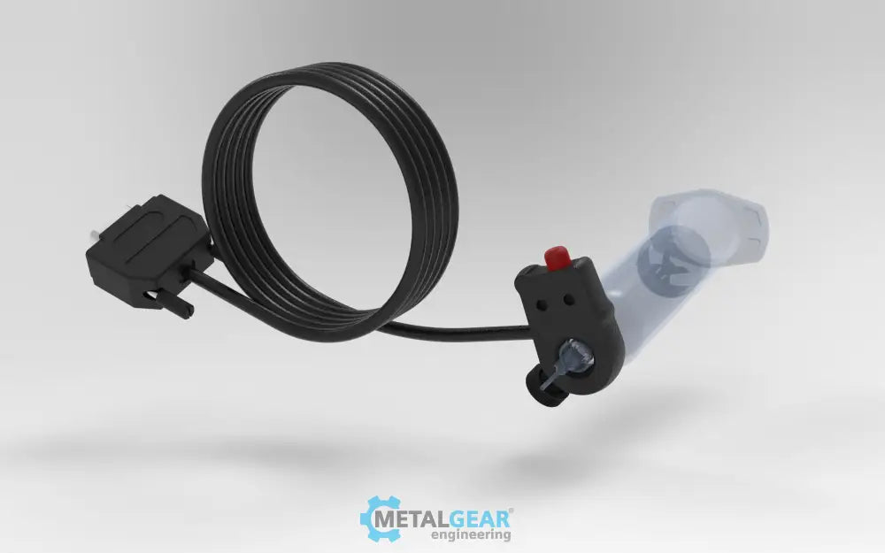 Metalgear Engineering TAD-019D Universal Finger Switch, a 3D-printed PLA Carbon Fiber control device with coiled wire and ergonomic fingertip actuator, designed for precise fluid dispensing in industrial applications.  For Loctite DSUB systems
