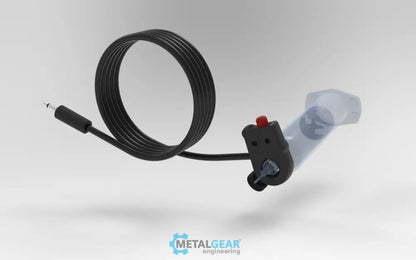 Metalgear Engineering TAD-019e Universal Finger Switch, a 3D-printed PLA Carbon Fiber control device with coiled wire and ergonomic fingertip actuator, designed for precise fluid dispensing in industrial applications. For Loctite 3.5mm Mono 2-Conductor setups