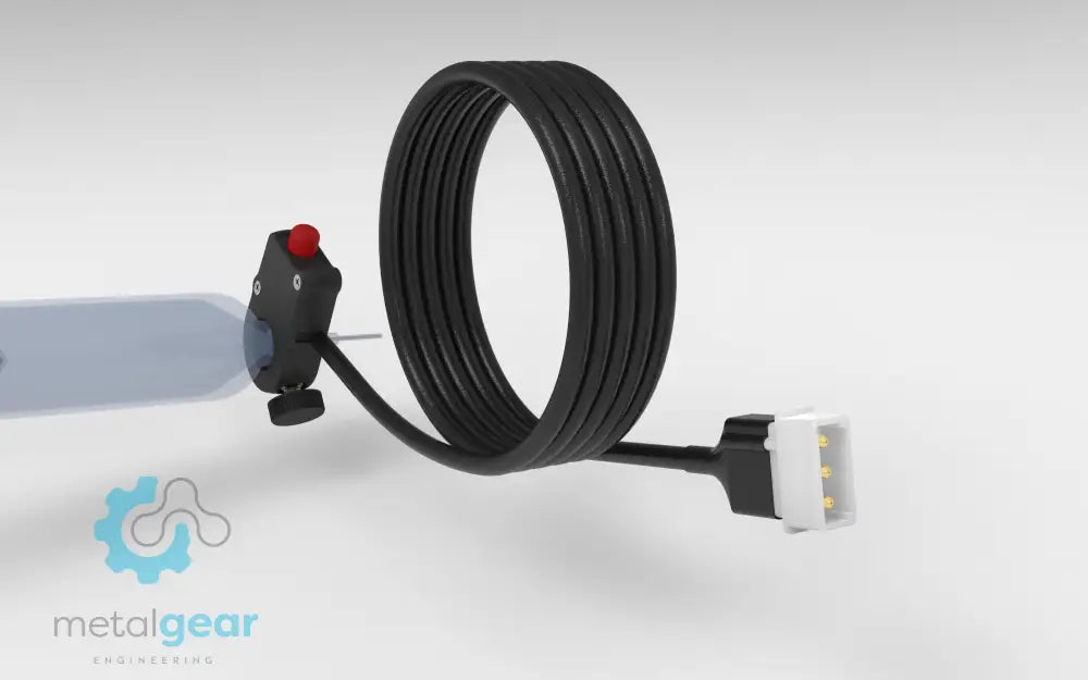 Metalgear Engineering TAD-019A Universal Finger Switch, a 3D-printed PLA Carbon Fiber control device with coiled wire and ergonomic fingertip actuator, designed for precise fluid dispensing in industrial applications. For Performus X100 & Performus X15