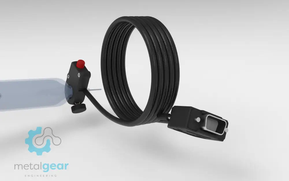 Metalgear Engineering TAD-019D Universal Finger Switch, a 3D-printed PLA Carbon Fiber control device with coiled wire and ergonomic fingertip actuator, designed for precise fluid dispensing in industrial applications. For Loctite DSUB systems