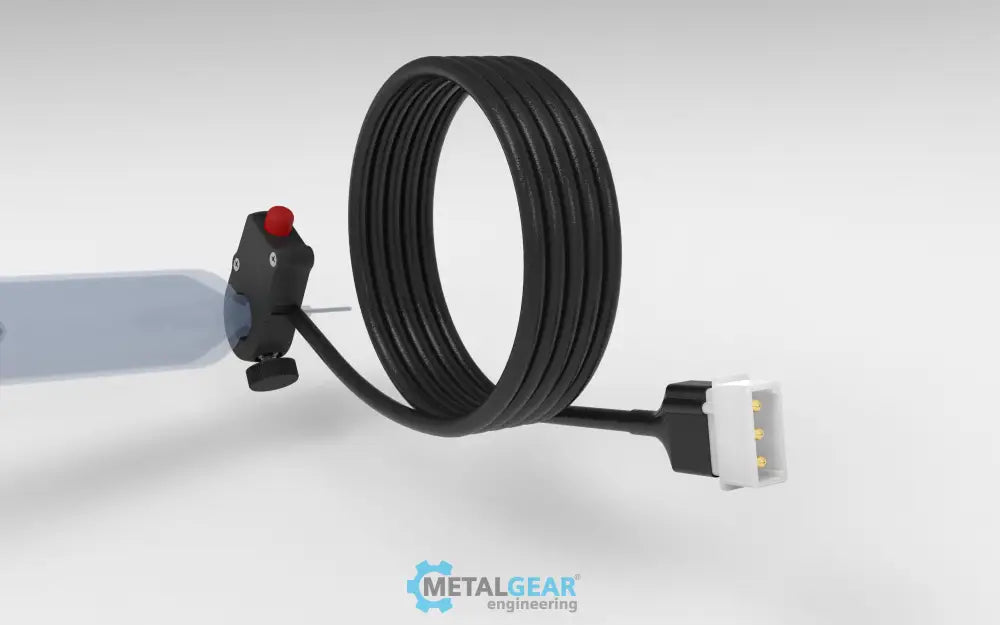 Metalgear Engineering TAD-019A Universal Finger Switch, a 3D-printed PLA Carbon Fiber control device with coiled wire and ergonomic fingertip actuator, designed for precise fluid dispensing in industrial applications. For Performus X100 & Performus X15