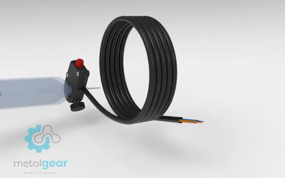 Metalgear Engineering TAD-019C Universal Finger Switch, a 3D-printed PLA Carbon Fiber control device with coiled wire and ergonomic fingertip actuator, designed for precise fluid dispensing in industrial applications. Custom version