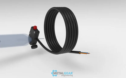 Metalgear Engineering TAD-019C Universal Finger Switch, a 3D-printed PLA Carbon Fiber control device with coiled wire and ergonomic fingertip actuator, designed for precise fluid dispensing in industrial applications. Custom version